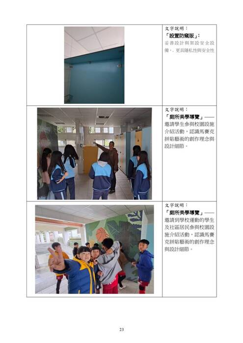 本工程為水里國中老舊廁所整修計畫,根據「教育部國民及學前教育署補助國民中小學老舊廁所整修工程作業要點」進行,並經南投縣縣政府考核為甲等。本工程經費總計300萬元,旨在提升學校的基礎設施,改善廁所環境,並引入美學設計,增強校園整體氛圍與功能。 整修完工後,校內師生對於新的廁所設施及整體校園環境給予了積極回應。師生表示,廁所環境更加潔淨舒適,設計美觀且實用,尤其是無障礙廁所與性別友善廁所的設置,讓所有學生都能感受到校園對他們的關心與尊重。此外,體育文化與環境保護的牆面裝飾,亦為校園增添了許多藝術氛圍,促使師生更加珍惜與保護自然。